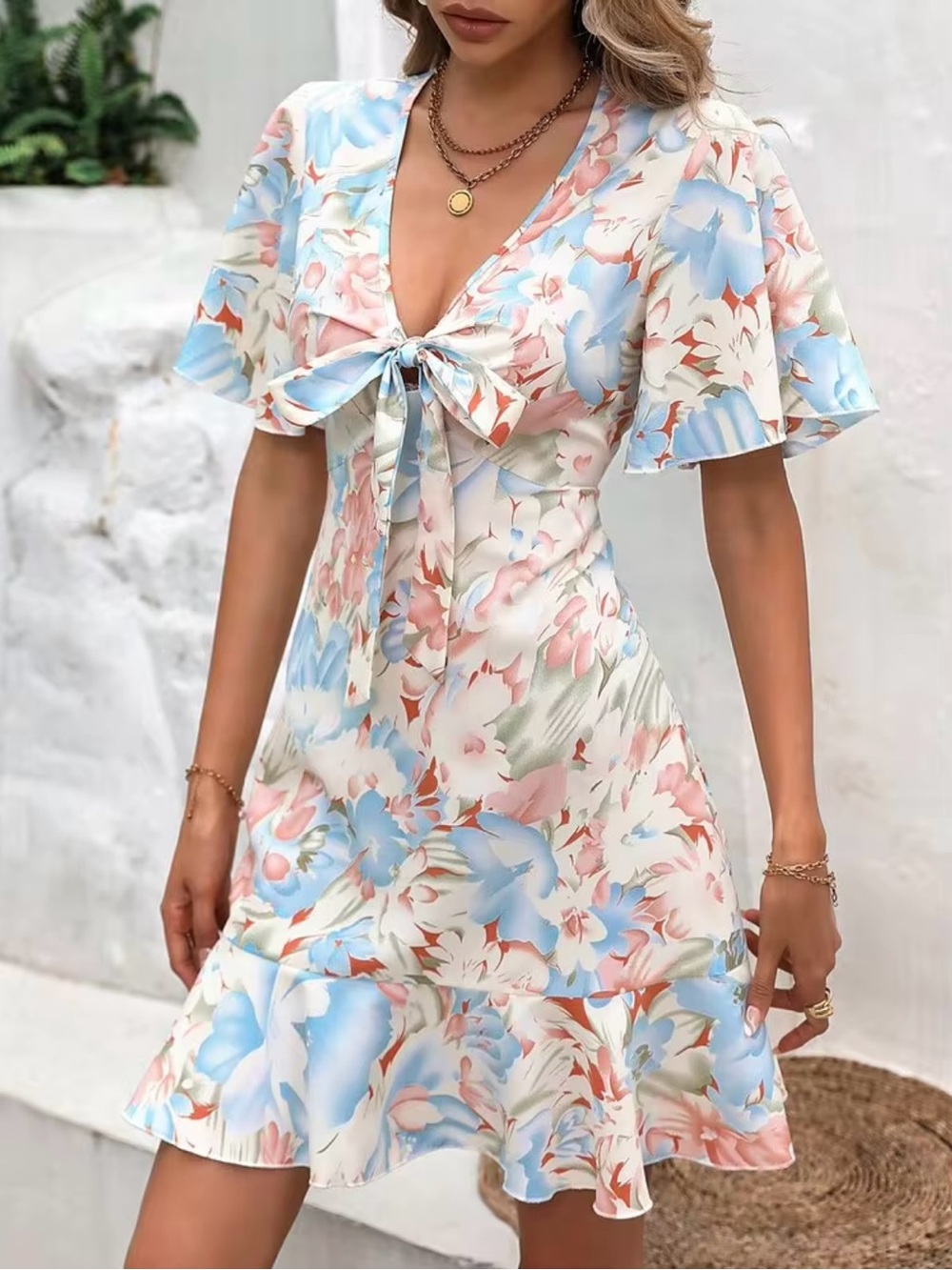 Tie-Front Floral Mini Dress in Blue & Pink